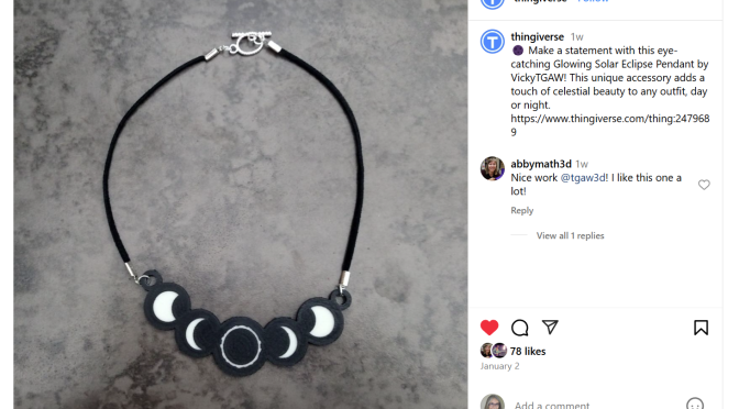 Solar Eclipse Necklace on Thingiverse Instagram